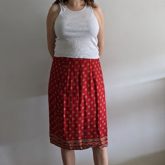 Red Paisley Midi Faux Wrap Skirt - 90's Summer Grunge Romance - High-Waisted - Picture 2 of 6
